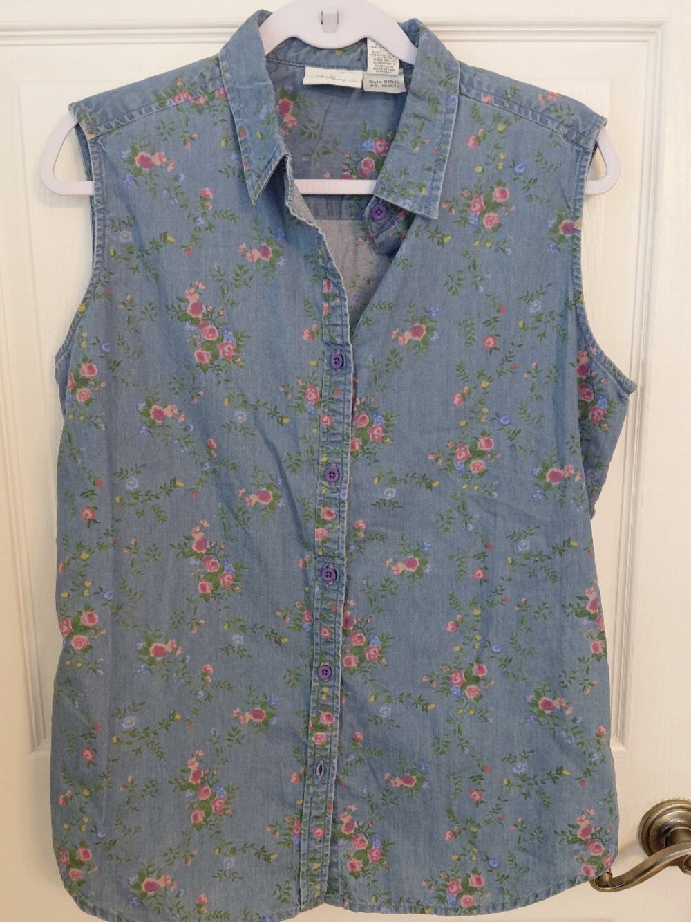 Vermont Country Store Denim Floral Sleeveless Cotton Cottagecore Medium